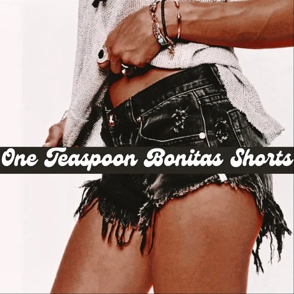 One Teaspoon Bonitas Distressed Black Denim Shorts - Picture 1 of 6